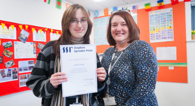 Cadbury Sixth Form College learner, Dennis Casey, and Principal Lydia Maher