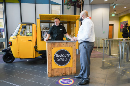 Automotive lecturer Tom with the restored Piaggio Ape at Open Day