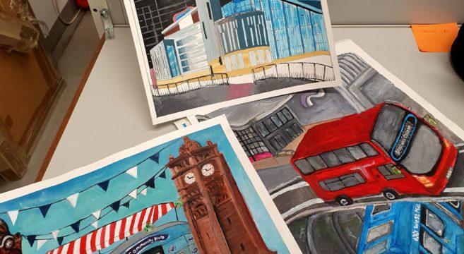 Artwork by art students portraying buses and West Bromwich landmarks