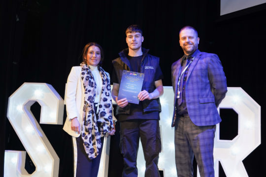 Jay painting & decorating apprenticeship star of the award winner with employer and Asa Gordon, Vice Principal