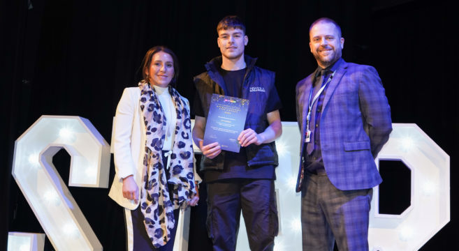 Jay painting & decorating apprenticeship star of the award winner with employer and Asa Gordon, Vice Principal