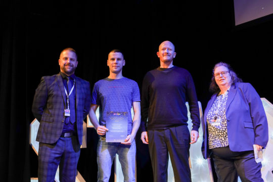 Asa Gordon (left) Vice Principal, Dawid (award winner), employer from Tennant and Engineering lecturer Rachel